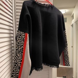 Black Thick Fringe Sweater with Leopard Sleeve Details